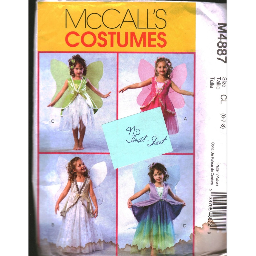 McCalls M4887 Fairy Costume Sewing Pattern Kids Girls Size 6-7-8 Uncut